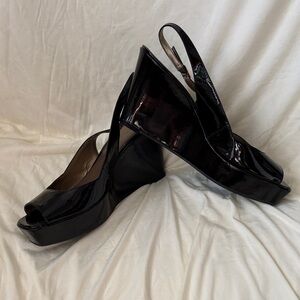 Marc Fisher open square toe patent leather size 10 black wedges Osteria